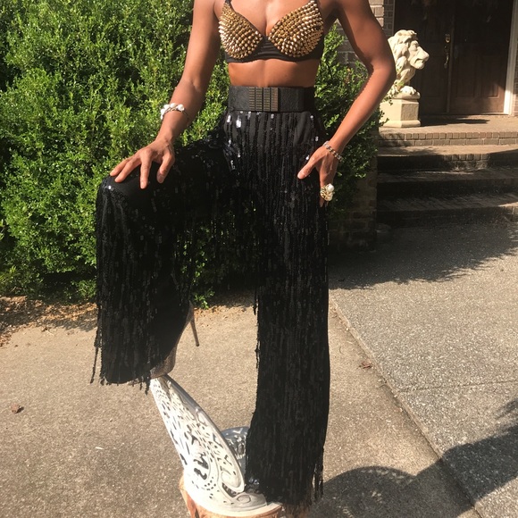 New black sequin tassel wide legged pants sz xs-s